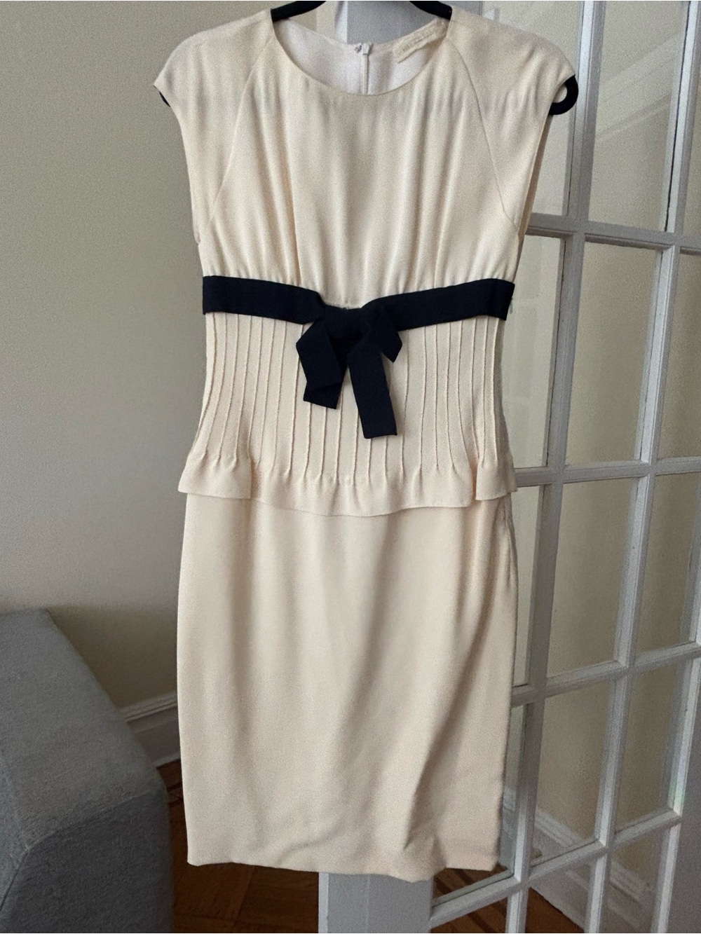 Vintage Valentino Cream Pleated Dress with Black Waist Tie